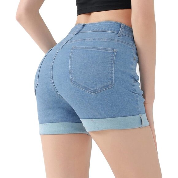 Ripped Lightblue High Waisted Summer Elastic Folded Hem Denim Shorts for Women - Picture 2 of 5